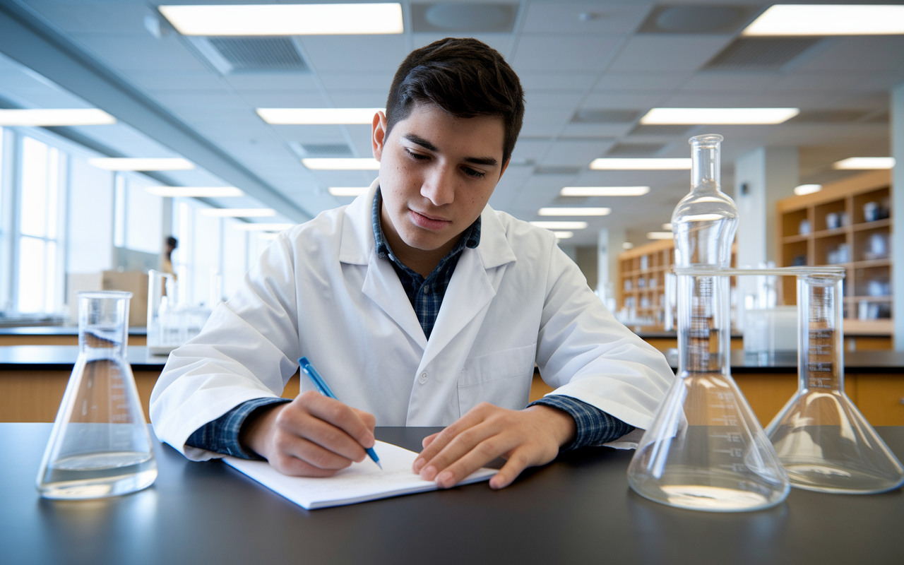 A young male student of Hispanic descent, working diligently in a university science lab, surrounded by beakers and scientific equipment. He is wearing a lab coat while conducting an experiment, carefully measuring substances and taking notes on his lab report. The atmosphere is bright and focused, emphasizing dedication to the sciences.