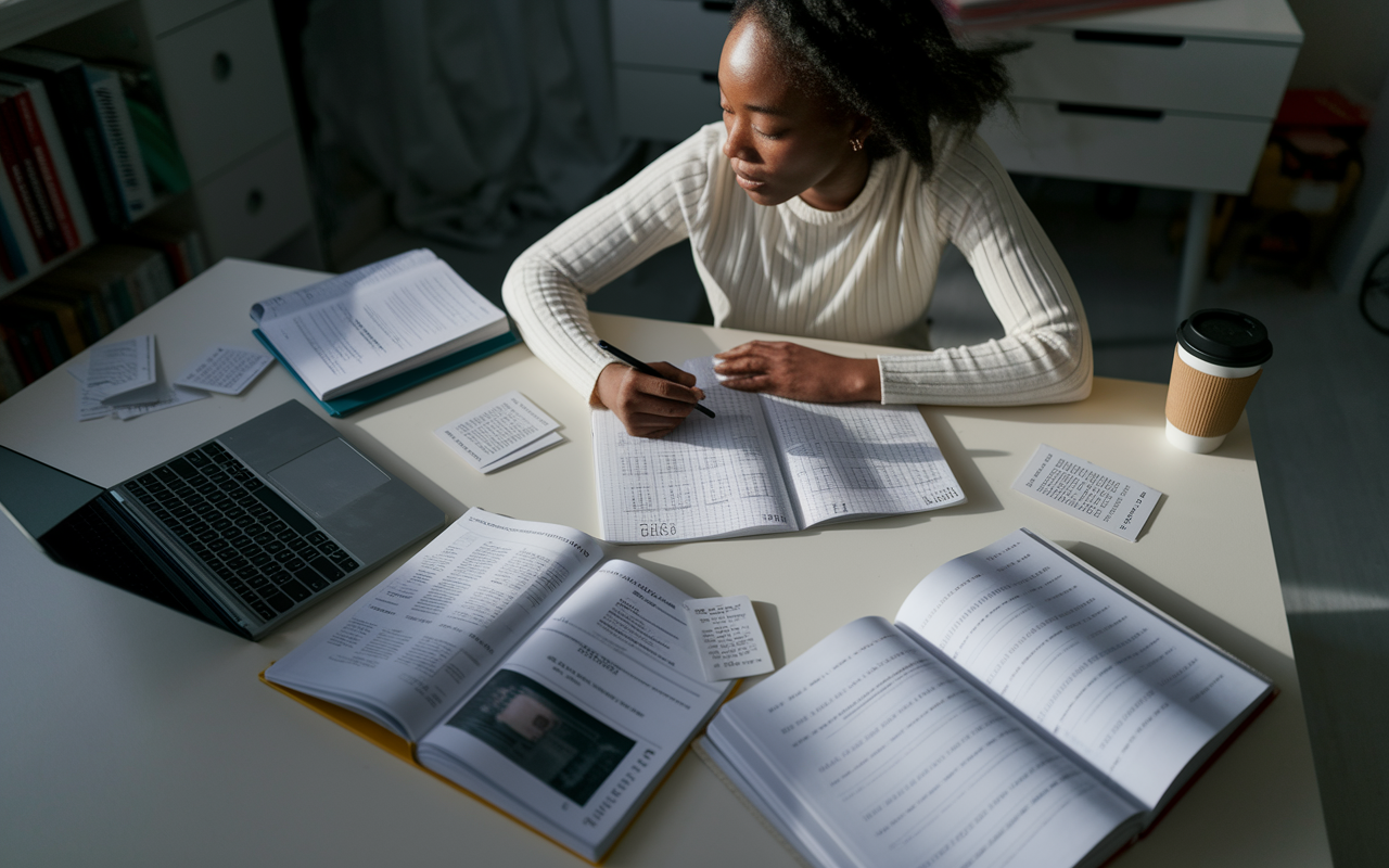 A determined female student of Black descent, sitting at a desk cluttered with MCAT preparation materials, study guides, and coffee cups. She is focused, surrounded by a mix of digital devices, flashcards, and open textbooks with MCAT practice problems. The room is bathed in soft, motivational lighting, emphasizing dedication and hard work.