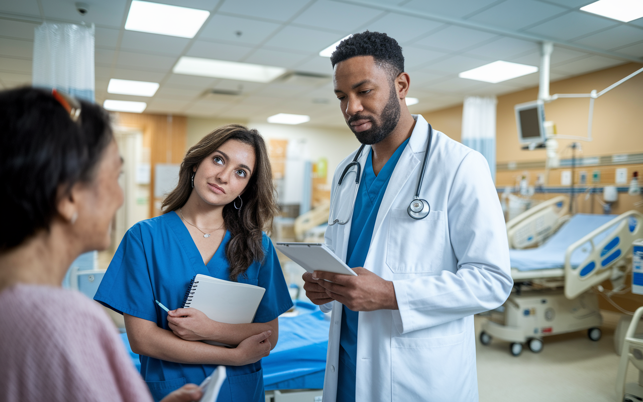 A young medical student of Middle-Eastern descent, attentively shadowing a physician in a busy hospital ward. The doctor is engaging with a patient, while the student observes, notebooks in hand, capturing important details. The hospital room is bright with medical equipment, showcasing a real-world clinical environment filled with empathy and learning.