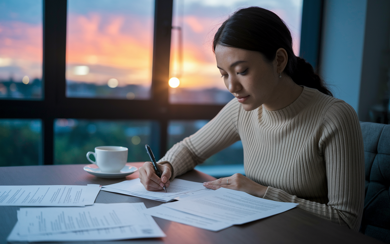 A focused young woman of South Asian descent, sitting at a cozy desk with papers spread out, writing her personal statement for medical school. A cup of tea is beside her, and a window showcases a beautiful sunset, creating an inspirational atmosphere that reflects her passion and determination.