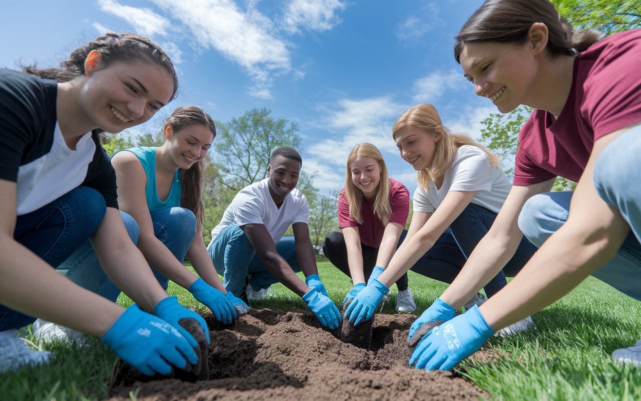 A dynamic outdoor scene depicting a diverse group of college students engaged in volunteer work, planting trees in a community park. The students reflect various backgrounds and ethnicities, working together with smiles, showcasing teamwork and community spirit under a clear blue sky.