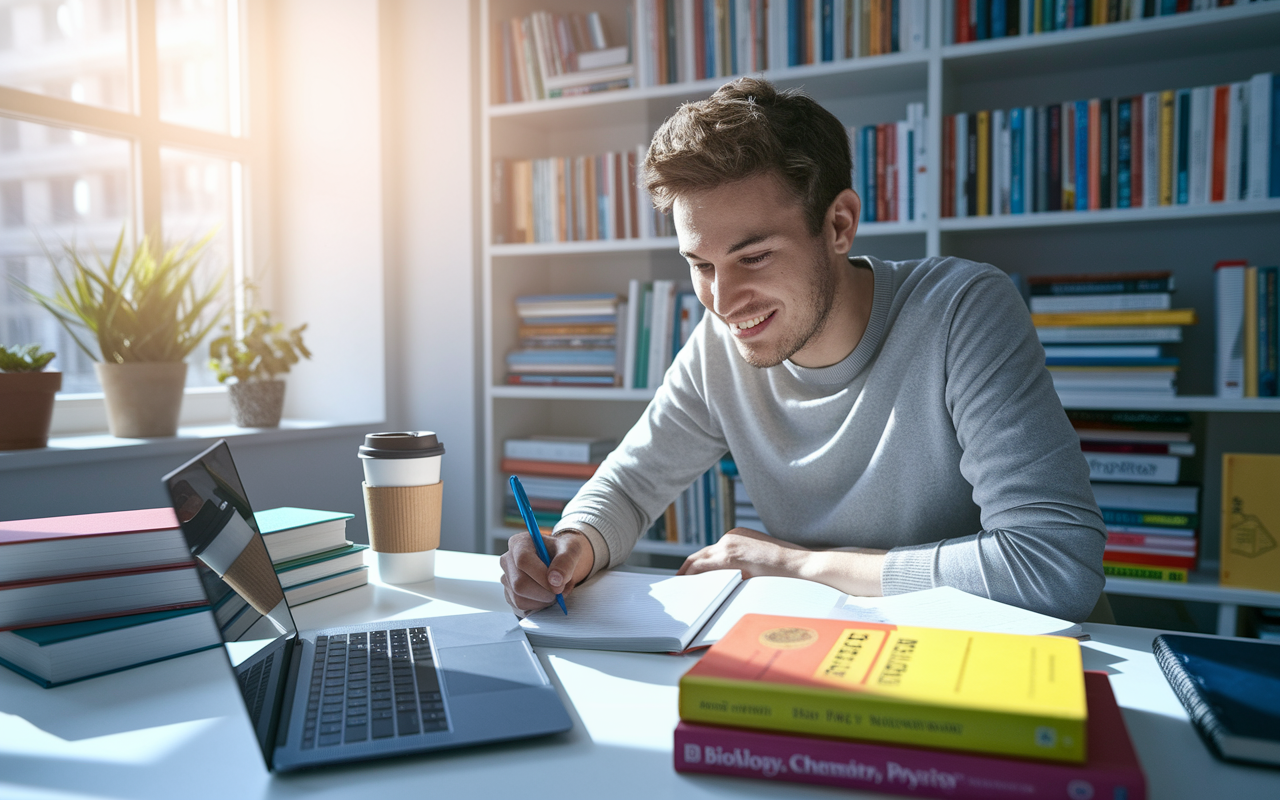 A focused undergraduate student in a bright and organized study space, surrounded by textbooks on biology, chemistry, and physics. The desk is cluttered with notes, a laptop displaying a study app, and a coffee cup. Sunlight streams through the window, illuminating the room and creating a warm, encouraging atmosphere.