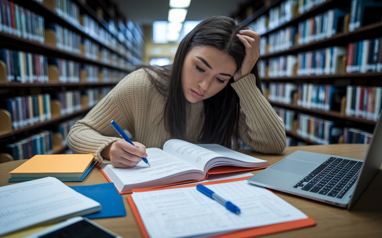 A young woman intensely studying for the MCAT at a library table, surrounded by practice exam papers and a study guide. She's taking notes, the laptop open to test prep resources. The atmosphere is quiet and studious, with soft lighting highlighting her focused expression.