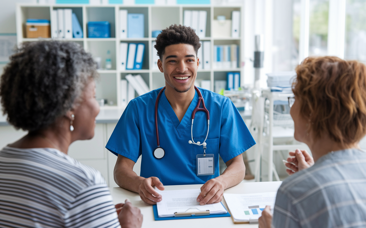 An enthusiastic pre-med student volunteering at a community clinic, interacting warmly with patients. The environment is bright and welcoming, filled with charts and medical equipment. The student is wearing scrubs and a badge, showcasing their commitment to healthcare and personal connection.