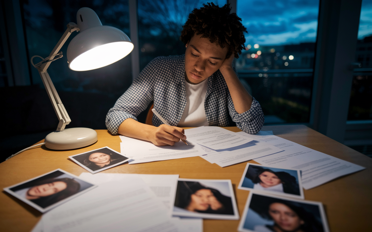 A determined student at a desk late at night, crafting their personal statement for medical school. The desk is illuminated by a warm lamp, with revision notes and emotional photos around. Papers are scattered, depicting a mix of inspiration and focus, as the student reflects on personal experiences that drove their passion for medicine.