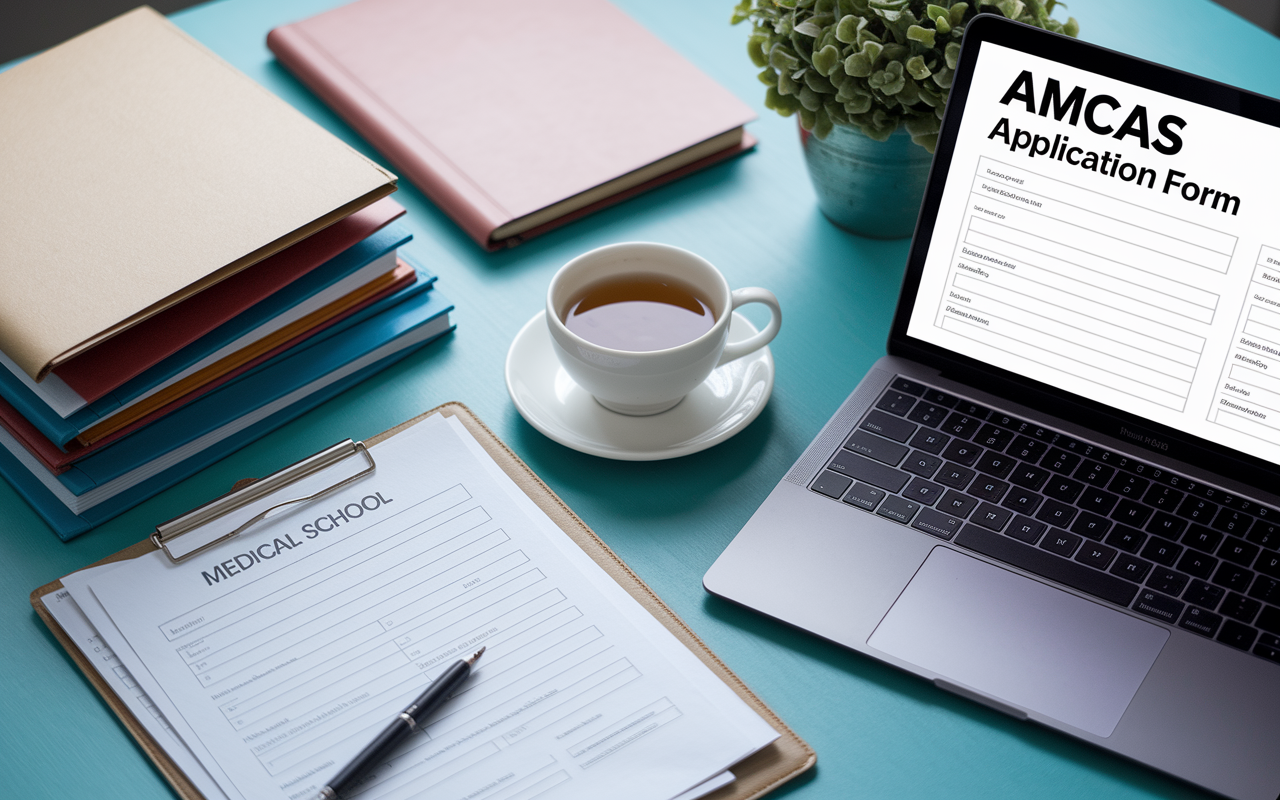 A tidy workspace filled with organized folders and application documents for medical school. A laptop displays the AMCAS application form, alongside a cup of herbal tea. The setting conveys a sense of calmness and thorough preparation for the medical school application process.