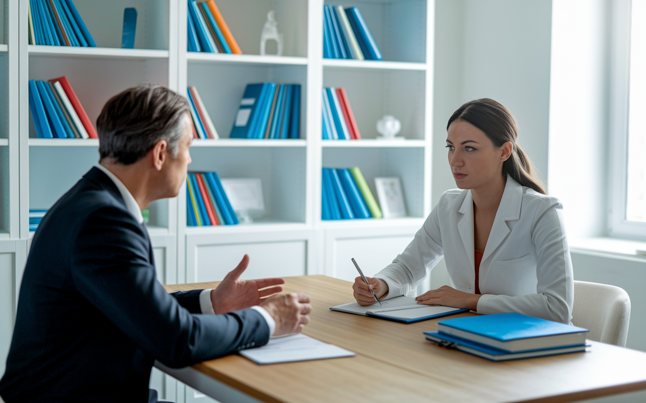 A focused student participating in a mock interview with a mentor, sitting across a wooden table. The mentor is providing feedback while the student takes notes. The room is bright and professional, filled with medical books and career validation materials.