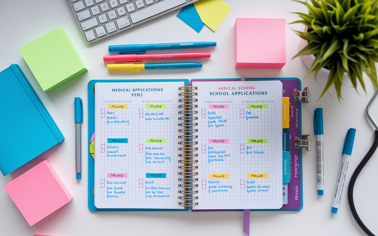 A neatly organized planner opened to a timeline and checklist for medical school applications, surrounded by colorful sticky notes and pens. The setting is bright and inviting, indicating effective organization and planning for the critical application process.