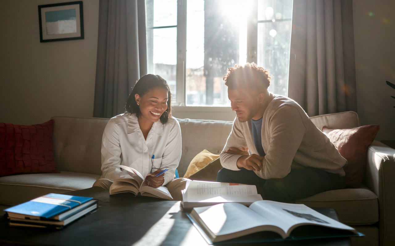 A poignant scene in a cozy living room where a medical student is studying at a table, with their partner sitting on the couch reading a book beside them. Sunlight streams through the window, illuminating moments of happiness and companionship amidst the backdrop of open textbooks and a laptop. The ambiance is warm, reflecting the importance of maintaining personal relationships during the demanding journey of medical education.