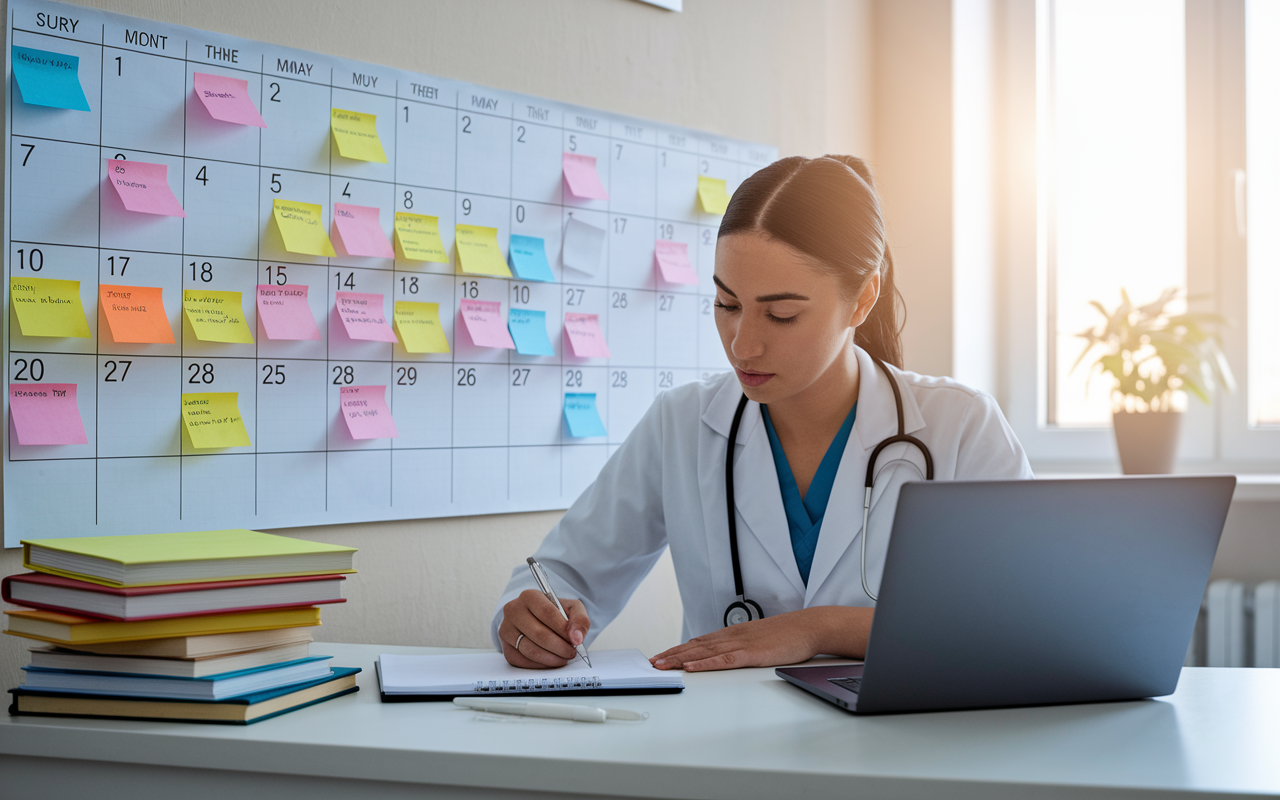 An organized workspace featuring a wall-mounted calendar filled with colorful sticky notes, assignments, and deadlines. A focused medical student is writing in their planner at a tidy desk with a laptop, projecting determination and clarity amidst a sea of textbooks and resources. Soft morning light streams through the window, symbolizing a fresh start to the day's challenges and responsibilities.