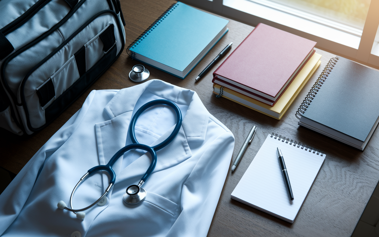 A neatly organized clinical bag laid out on a wooden table, including a pristine white coat, a stethoscope, a collection of medical textbooks, a notepad with handwritten notes, and pens. Soft light filters in from a nearby window, illuminating the items and casting gentle shadows. The scene conveys preparation and anticipation, with a subtle hint of nervous excitement as each item represents an essential tool for learning and patient care.