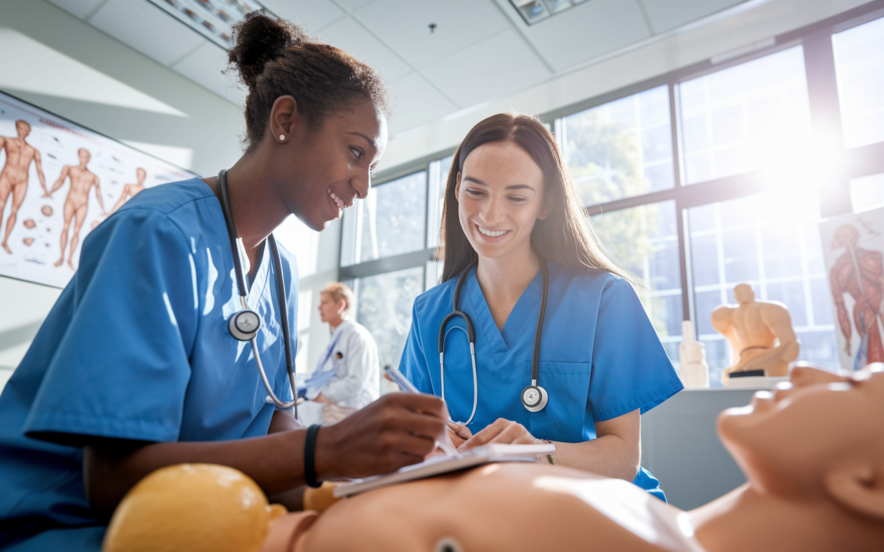 A pair of medical students in a bright, well-lit practice room, one student is demonstrating auscultation techniques on a mannequin while the other observes attentively, taking notes. The room is adorned with medical charts and anatomical models; sunlight streams through the windows. The atmosphere is collaborative and supportive, showcasing the importance of skill development in a friendly environment.