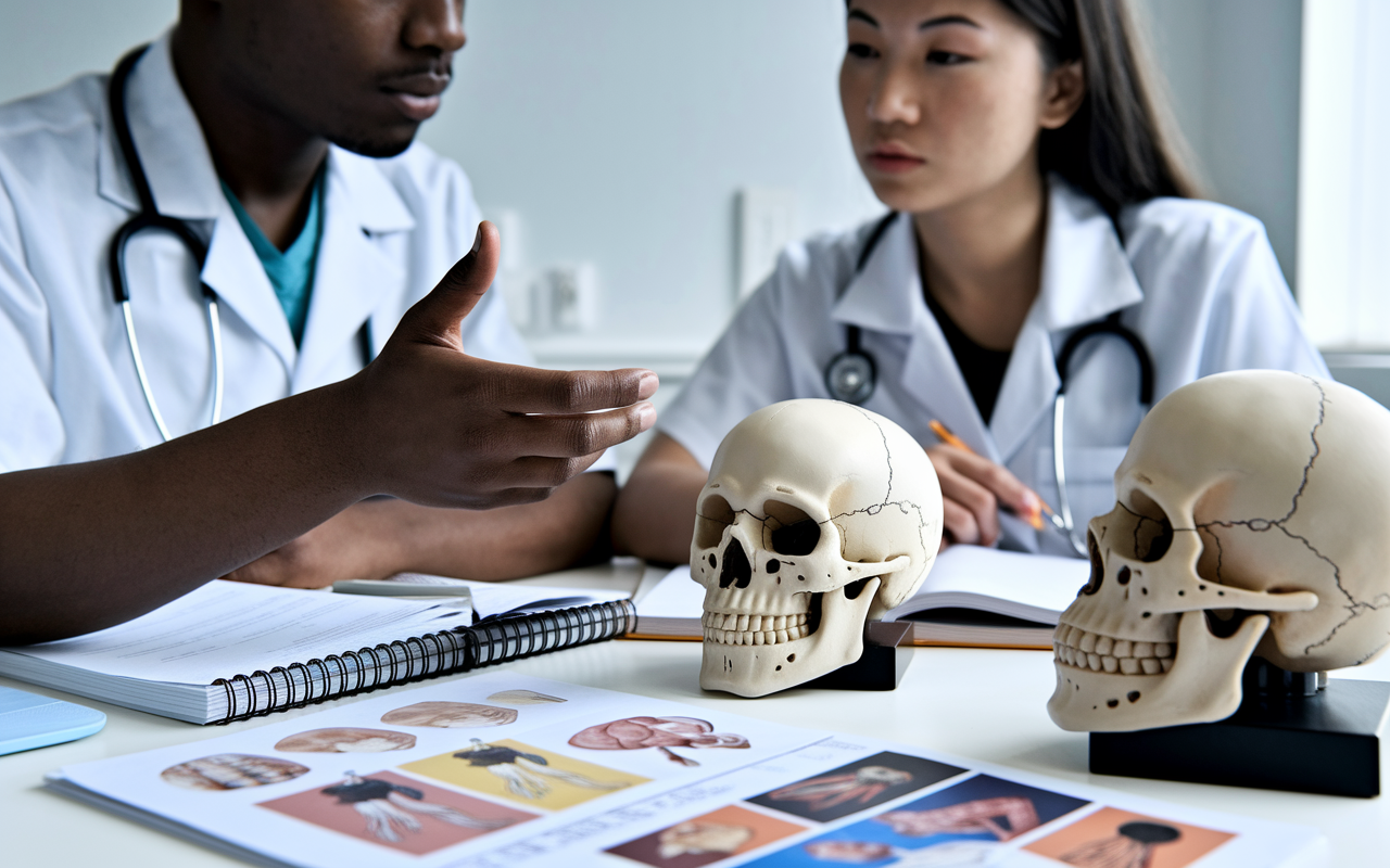 A close-up scene of two medical students working together at a study desk cluttered with anatomy textbooks, anatomical models, and colorful diagrams. One student, a Black male, is explaining a 3D model of the human skull to a female student of Asian descent, who is listening intently and taking notes. Excellent lighting highlights the concentration on their faces and the details of the anatomy models, illustrating the importance of teamwork and shared learning.