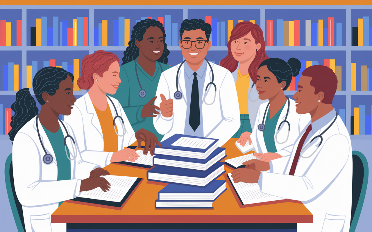 A vibrant scene featuring a diverse study group of medical students of various ethnicities gathered around a table filled with medical books and digital devices. They are animatedly discussing a clinical case, with one student gesturing enthusiastically while others listen and contribute. The setting is a well-lit library with bookshelves in the background, creating an atmosphere of collaborative learning and shared knowledge.