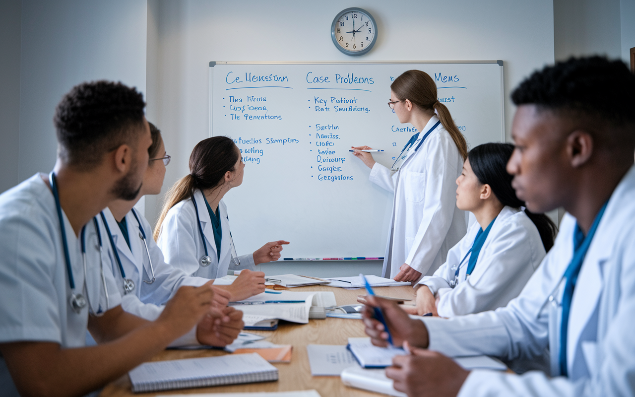 An intense study session where a group of medical students, gathered around a whiteboard, are actively solving clinical case problems. One student, standing at the board, writes down key patient symptoms while others provide input and suggestions. The room is filled with charts and notes, with a clock showing the late hour, illustrating both focus and the collaborative spirit of medical education.