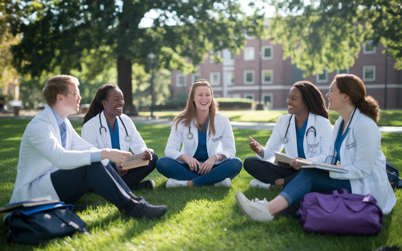 A group of medical students sitting in a circle on a campus lawn during a sunny day, sharing laughter and emotional support. One student is sharing a story while others lean in, displaying expressions of empathy and understanding. Books and bags are scattered around, enhancing the sense of a relaxed yet productive study group that thrives on mutual support and friendship.