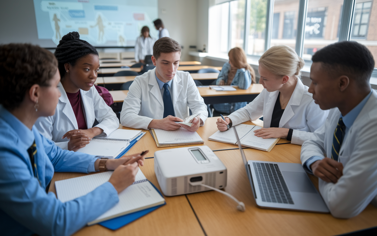 A focused study group meeting in a medical school's classroom, with one student leading the discussion using a projector to present notes while others take turns contributing. Each member has specific roles demonstrated by highlighted notepads and laptops in front of them. The classroom is filled with natural light, showcasing an organized and productive study environment that reflects structured collaboration.