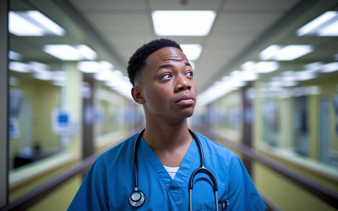 A medical student standing in a hospital hallway, looking thoughtful and introspective after a challenging patient encounter. The background features medical equipment and soft, fluorescent lighting casting a calming glow. The student's expression is one of contemplation, reflecting the weight of the experience and the journey towards emotional understanding.