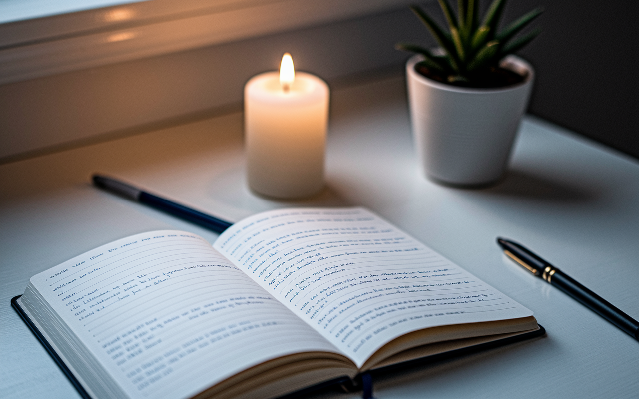 A close-up view of an open journal on a desk, with handwritten reflections and doodles, beside a lit candle and a potted plant, symbolizing calmness and personal growth. The scene is softly lit, creating an intimate atmosphere that emphasizes mindfulness and inner peace.