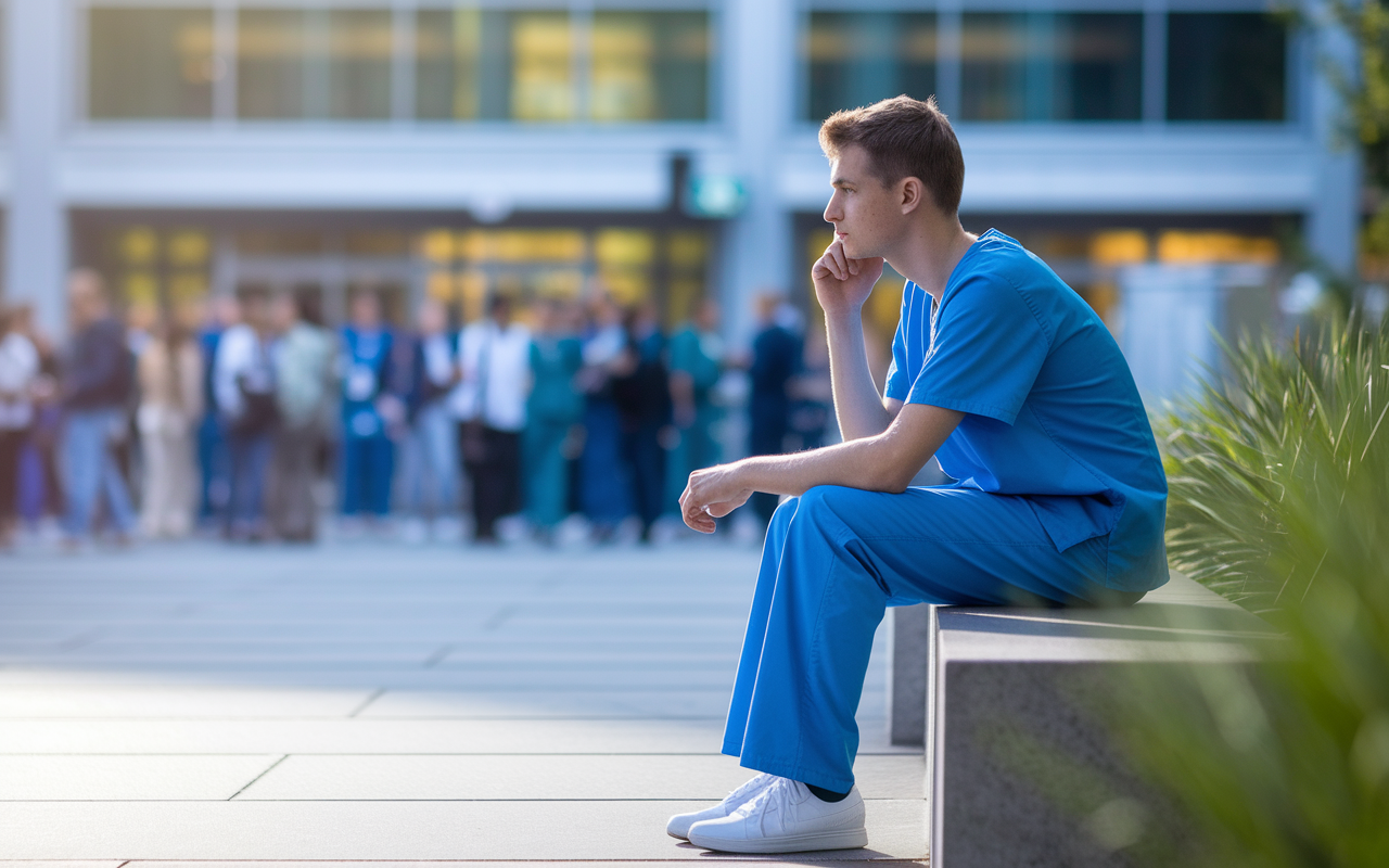 A medical student in scrubs sitting on a bench outside a hospital, reflecting after a patient evaluation, with a thoughtful expression. The background shows the bustling hospital environment, but the focus is on the student, creating a sense of solitude amid chaos. Soft light creates a peaceful atmosphere, emphasizing the importance of reflection.