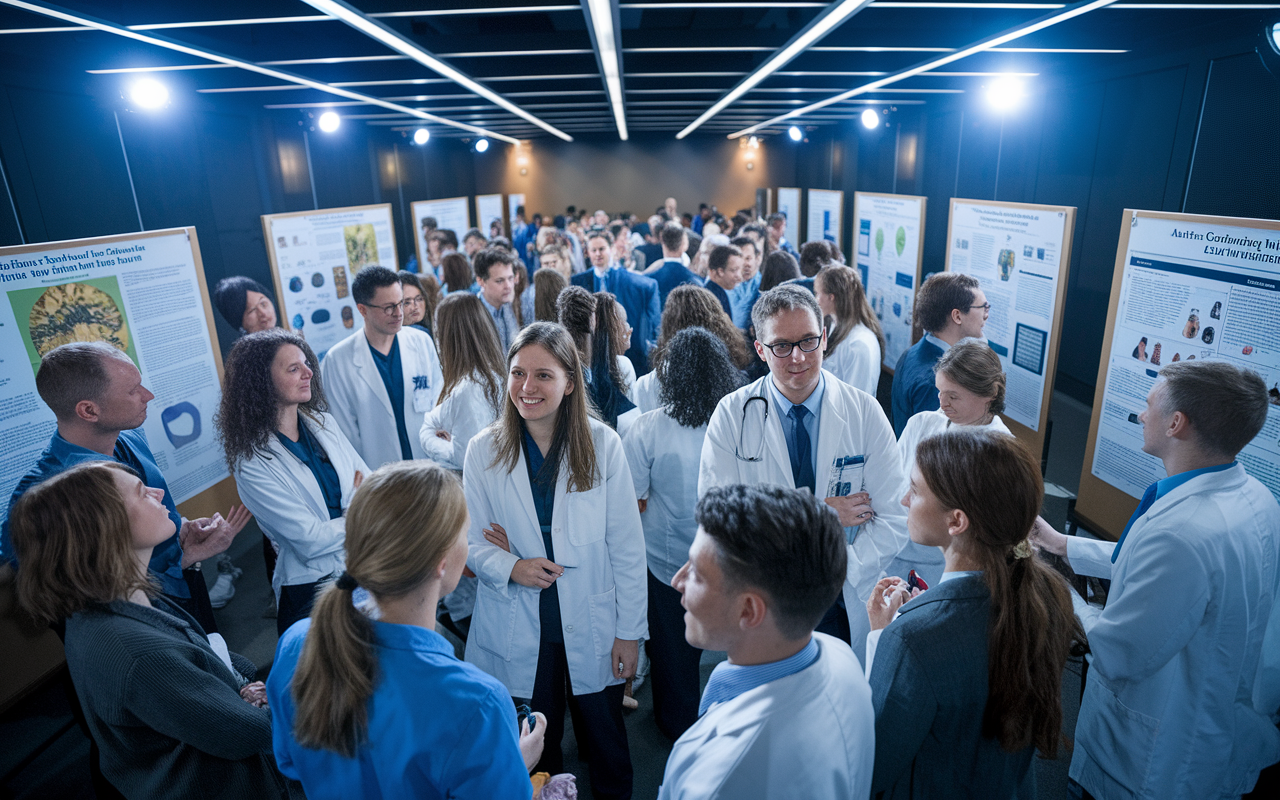 A diverse group of medical students and faculty, gathered in a conference hall, are engaged in dynamic discussions. Some students are presenting their research on digital screens while others are attentively listening. The atmosphere is filled with enthusiasm and collaboration, with bright overhead lights illuminating the room. Academic posters showcasing various research projects line the walls, creating a vibrant atmosphere of intellectual exchange and professional networking.