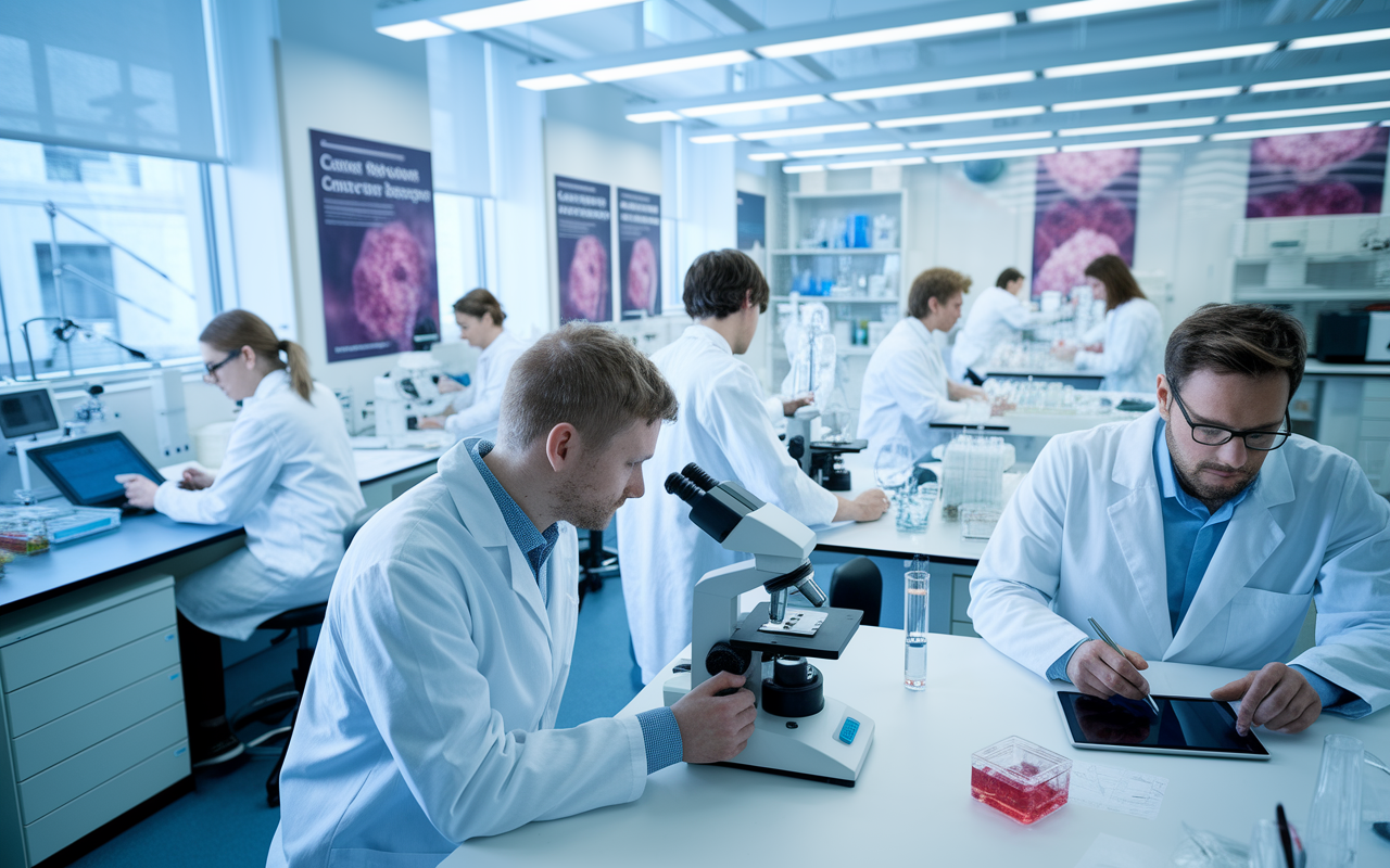 A state-of-the-art laboratory filled with scientists in white coats working diligently at laboratory benches. One scientist observes a cell culture under a microscope while another writes data on a digital tablet. Laboratory equipment like centrifuges and chromatographs are visible, with posters about cancer research on the walls. The lighting is bright and clinical, emphasizing the precision and focus required in scientific explorations.