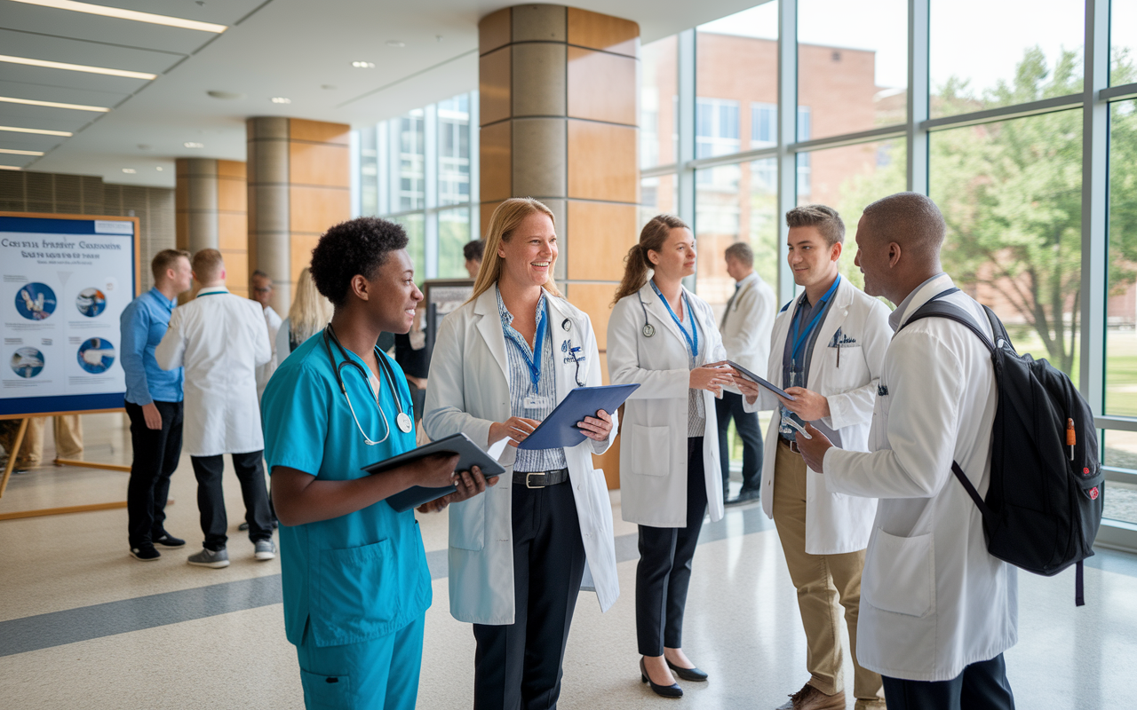 A scene in a medical school foyer where eager medical students are engaging with professors. Enthusiastic conversations are happening as students seek guidance on research opportunities. The room is spacious with large windows letting in natural light, featuring a poster for an upcoming research seminar. The excitement of learning and connecting is palpable as students hold notepads and engage actively.