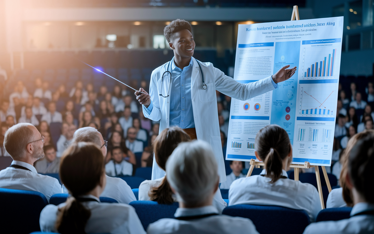 A confident medical student presenting their research findings to an audience at a medical conference. The student stands beside a large poster displaying colorful graphs and data, pointing towards a key result with a laser pointer. The audience, composed of doctors and researchers, listens intently. The setting is a brightly lit auditorium filled with a sense of anticipation and academic enthusiasm.