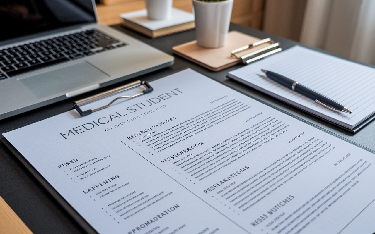 An eye-catching resume of a medical student displayed on a desk, highlighting research experiences prominently. The document features a clean layout with sections detailing research projects, skills, and outcomes. A pen and notepad are adjacent, suggesting preparation for an important application. The room has a warm and inviting atmosphere, reflecting professionalism and ambition.