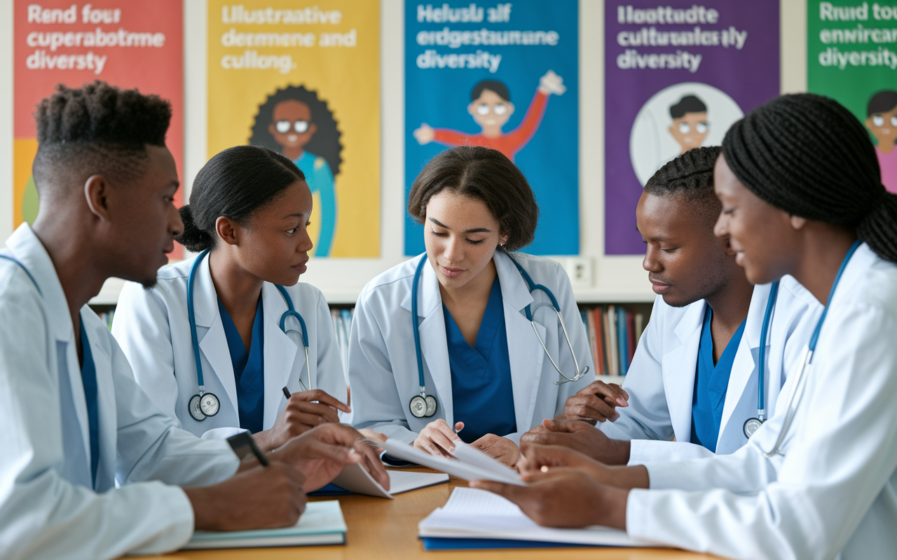 A group of medical students of different ethnicities studying together in a library, deeply engaged in discussion. One student is presenting a cultural aspect related to healthcare, using visual aids. Others are taking notes and nodding in understanding, illustrating a collaborative atmosphere filled with respect and curiosity. The background features colorful cultural posters emphasizing inclusivity and diversity. Soft, natural lighting creates an inviting study environment.