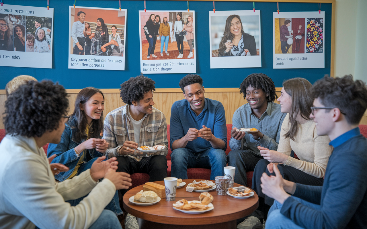 A vibrant scene of a diversity-focused student organization meeting in a cozy lounge. The group includes students from various backgrounds discussing initiatives over snacks. Visual aids about past events are hanging on the walls, with students engaged in animated conversation, showcasing cultural symbols from their backgrounds. The atmosphere is welcoming and lively, highlighting a sense of unity and shared purpose.