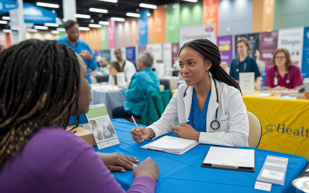 A medical student volunteering in a community health fair, actively listening to a patient from a diverse background. The student shows genuine concern, taking notes and asking questions with empathy. The setting is vibrant, filled with health education booths and supportive staff. The atmosphere conveys warmth, community spirit, and shared understanding.