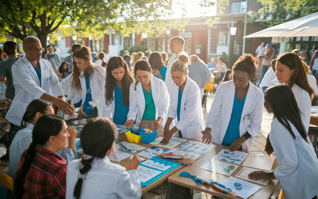 A diverse group of medical students and community leaders organizing a health education workshop in an outdoor community space. Students are seen demonstrating healthy practices to local residents, with informative posters and health kits on tables. The scene is vibrant and engaging, capturing the essence of community involvement and the fusion of medical knowledge with cultural sensitivity. Warm afternoon sunlight envelops the gathering, enhancing the atmosphere of community support.