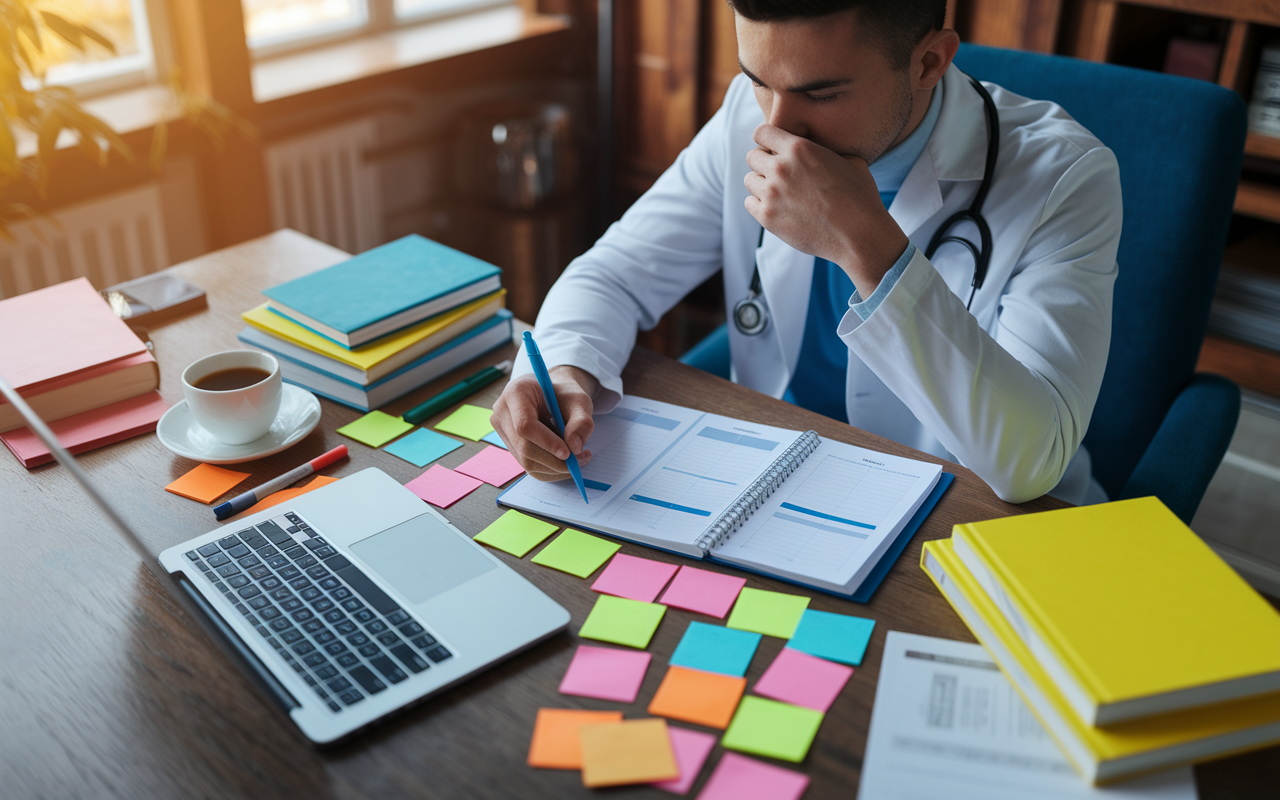 A focused medical student sitting at a wooden desk filled with colorful sticky notes and a laptop open to a digital planner. The student is surrounded by medical textbooks, highlighters, and a cup of coffee. The scene is well-lit with warm lighting, giving a cozy atmosphere that supports studying and planning. The student is deep in thought, actively prioritizing tasks for the week, showcasing organization and preparation.