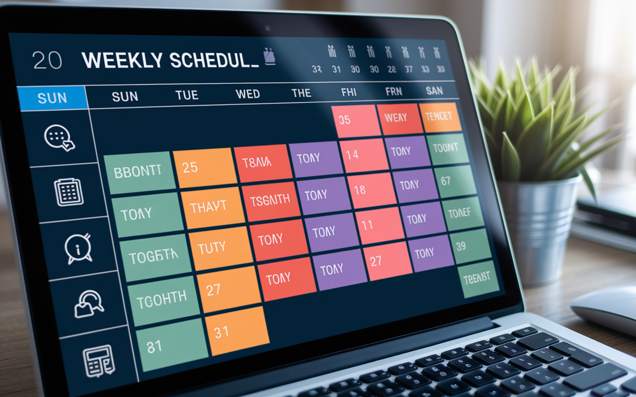 A digital calendar screen showing a well-organized weekly schedule divided into colorful blocks for different activities such as studying, clinical duties, and personal time. The interface is modern and user-friendly, with reminders set for important tasks. The lighting is bright, symbolizing clarity and productivity. Include icons for various activities to enhance the visualization.