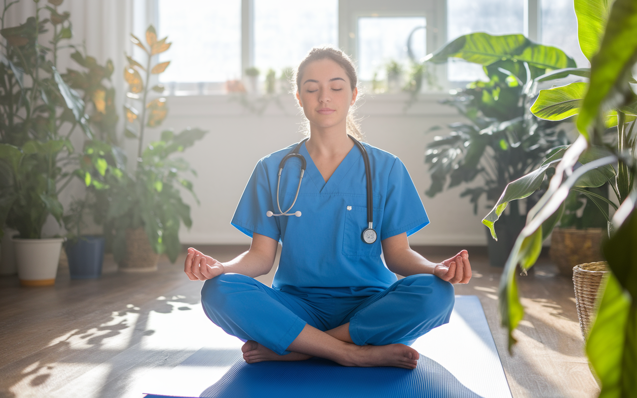 A serene space where a medical student is practicing mindfulness or meditation on a yoga mat, surrounded by plants and soft lighting. The student has closed eyes and a calm expression, with sunlight filtering through the window, creating a peaceful atmosphere. This image reflects the importance of self-care and mental well-being in a busy medical environment.