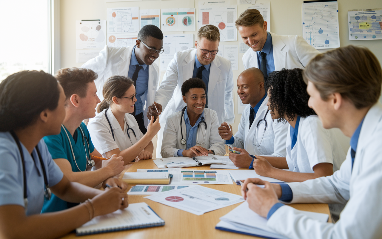 A lively study group of medical students gathered around a table, engaged in discussions and sharing notes. Charts and textbooks are spread out, and there’s a whiteboard filled with diagrams. The room is brightly lit, filled with enthusiasm and camaraderie. This image represents collaboration, teamwork, and the sharing of knowledge among peers.