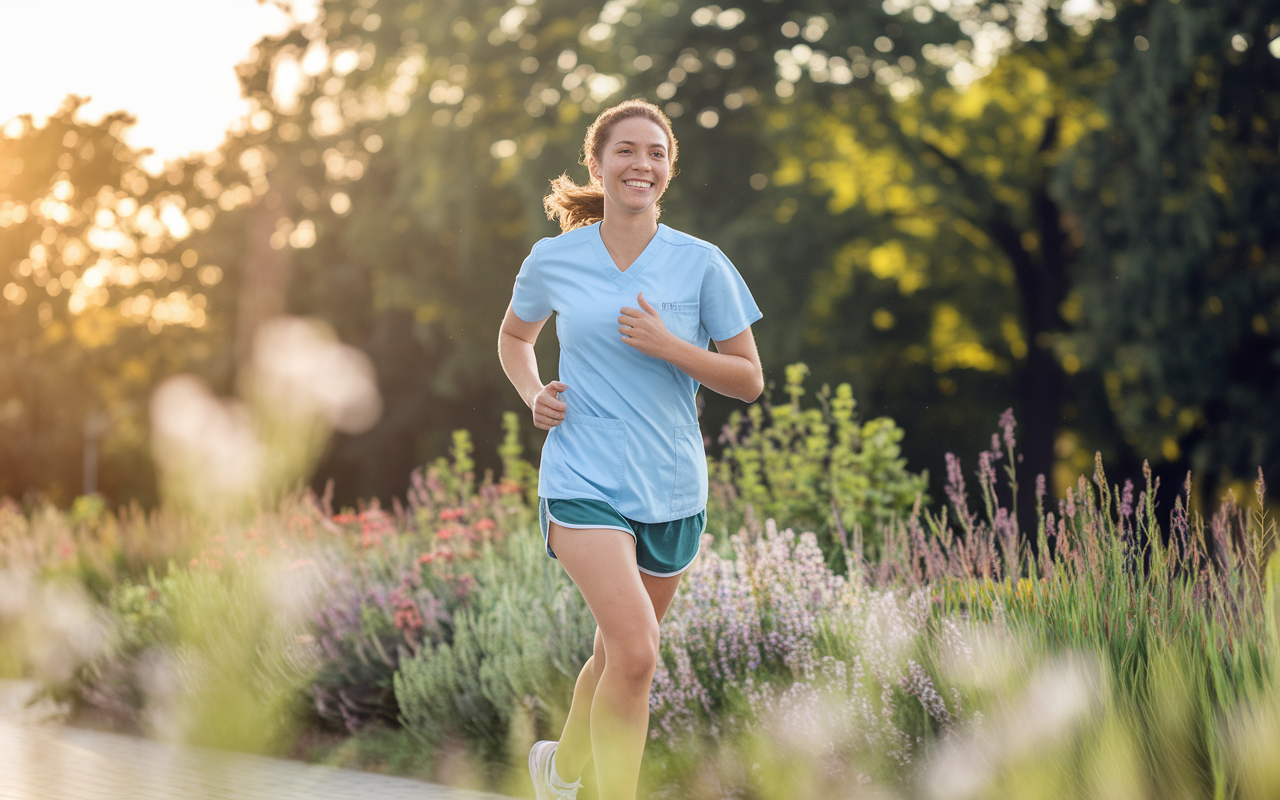 A medical student jogging in a vibrant park during the golden hour, surrounded by greenery and flowers. The student is smiling, showcasing joy and vitality as the sunlight creates a warm, inviting atmosphere. This scene captures the essence of physical activity and its role in maintaining mental health and well-being amidst busy clerkship schedules.