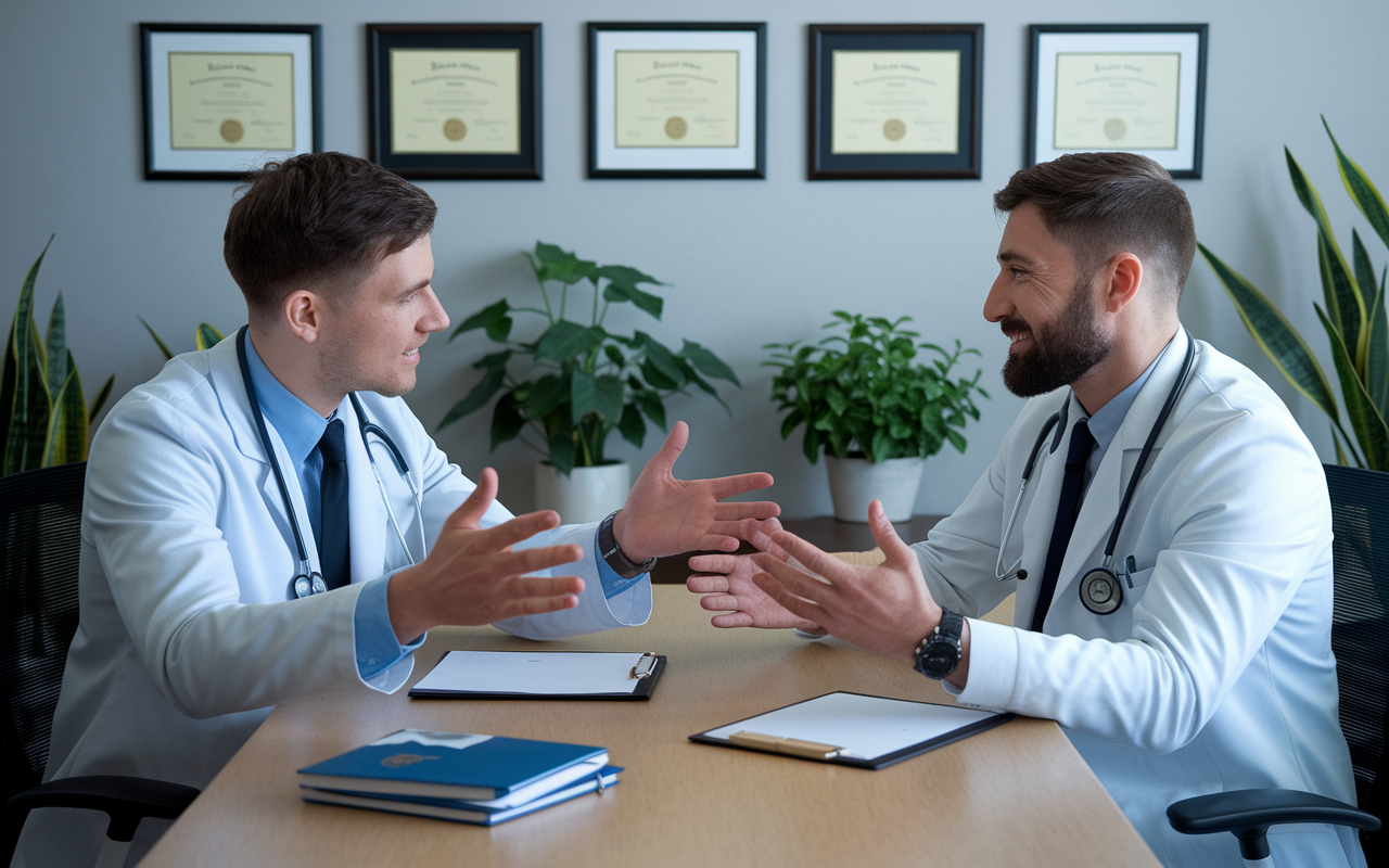 A medical student in a quiet office, discussing performance feedback with a mentor. Both are engaged in an open dialogue, exchanging insights. The room is well-organized, with diplomas on the wall and plants promoting a calming environment. The emotional tone is supportive and constructive, reflecting the importance of mentorship in medical training.