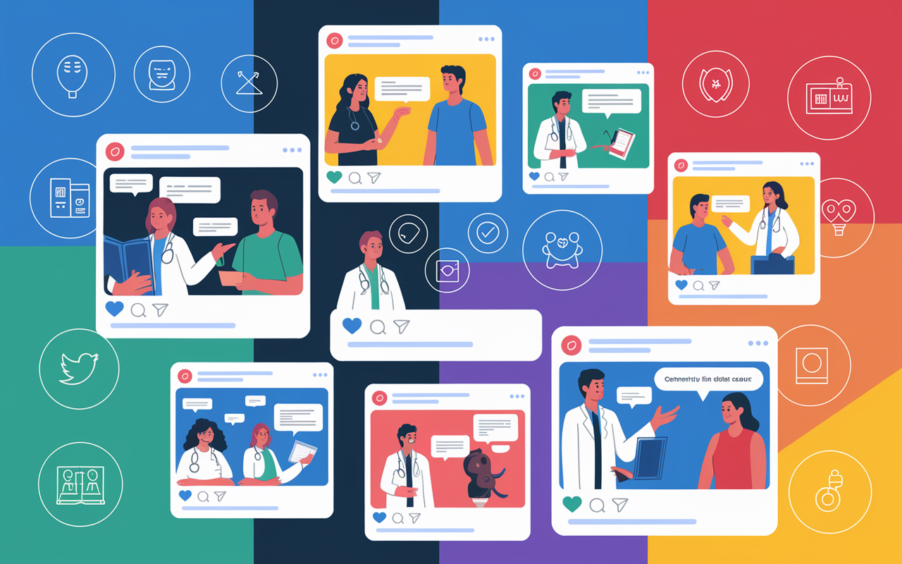 A colorful digital collage depicting various social media platforms like Twitter, Facebook, and Instagram, with medical students and professionals sharing content. The visuals include screenshots of discussions about clinical cases, study materials, and networking opportunities. The background features icons representing different specialties like pediatrics and surgery, emphasizing community building in medical education. The overall feel is dynamic and interconnected, showcasing the benefits of collaborative online learning.