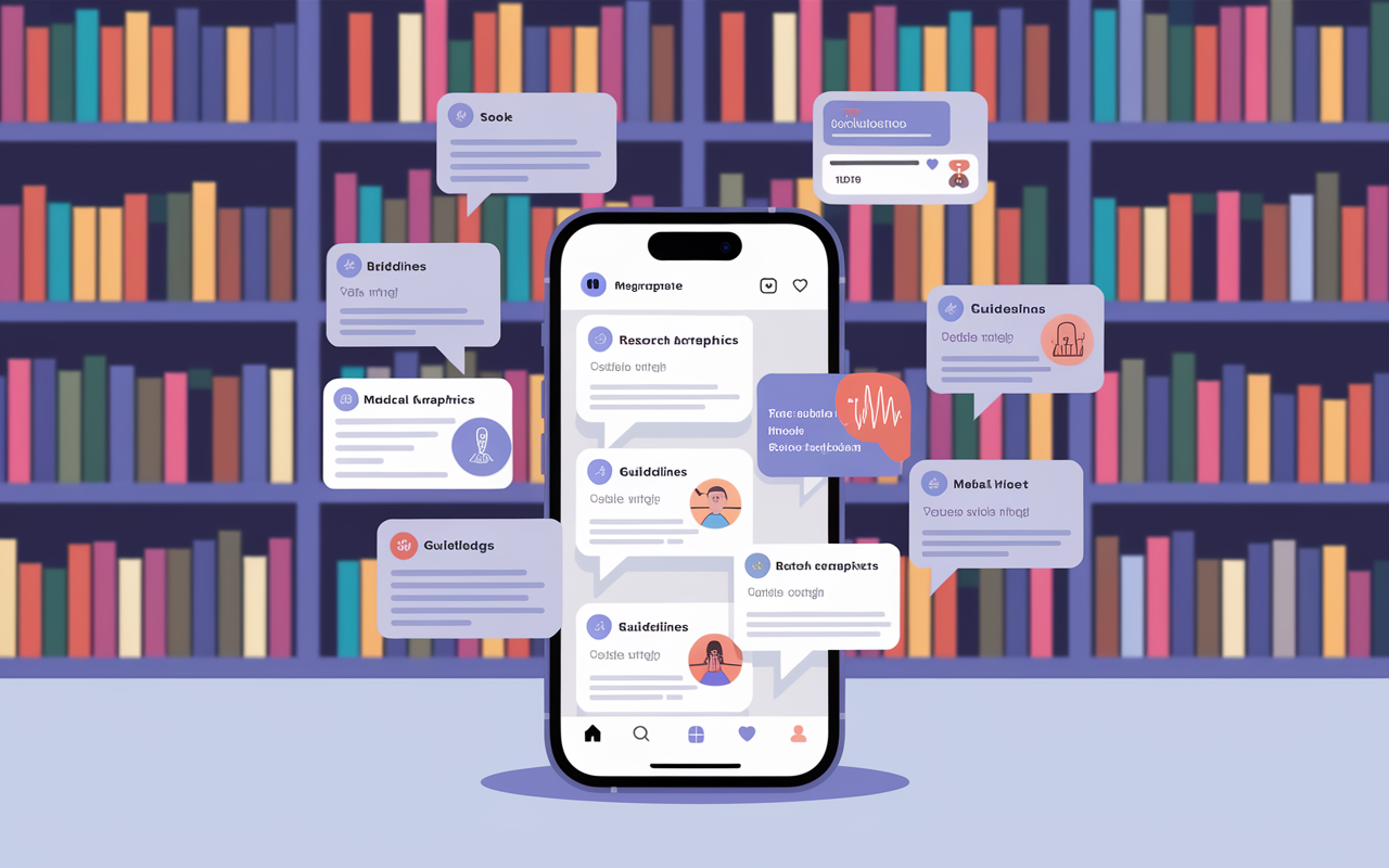 An aesthetically pleasing visualization of a smartphone screen displaying medical infographics, research articles, and guidelines being shared on a social media feed. The scene captures the essence of medical knowledge dissemination in a bright and engaging style. The background features a blurred image of a medical library filled with books, symbolizing the merging of traditional and modern methods of accessing educational materials.