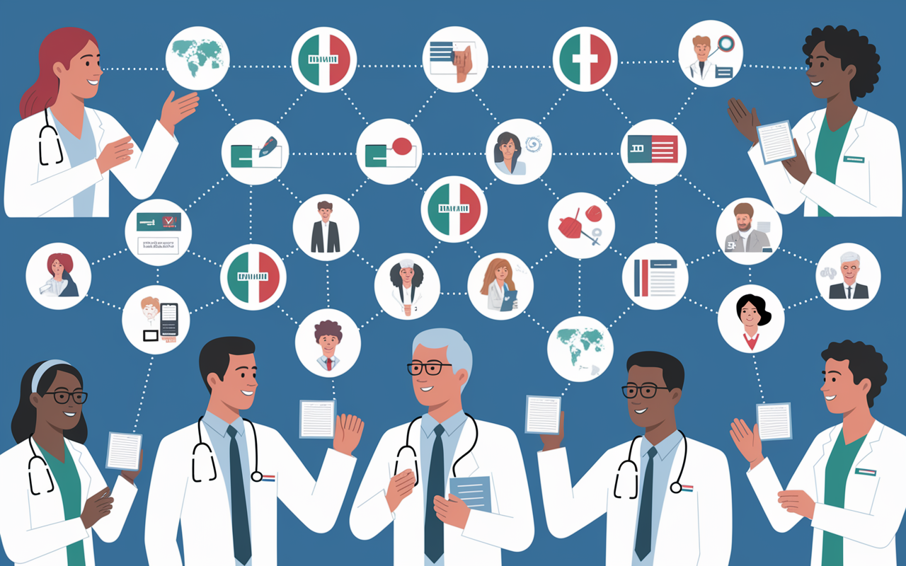 A montage of professionals from different medical fields connecting on social media, with graphical representations of their online interactions. Icons representing different countries are interconnected with lines, illustrating the global networking potential. Each participant is depicted sharing insights and advice, creating a sense of collaboration and support among aspiring medical professionals.