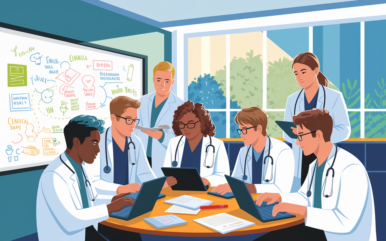 An engaging digital illustration depicting medical students collaborating on a project using tablets and laptops. The setting is a bright, open study area with students discussing clinical scenarios, surrounded by notes and diagrams. A whiteboard with colorful ideas and concepts scribbled enhances the collaborative atmosphere. The lighting is bright and energizing, highlighting the spirit of teamwork and knowledge exchange.