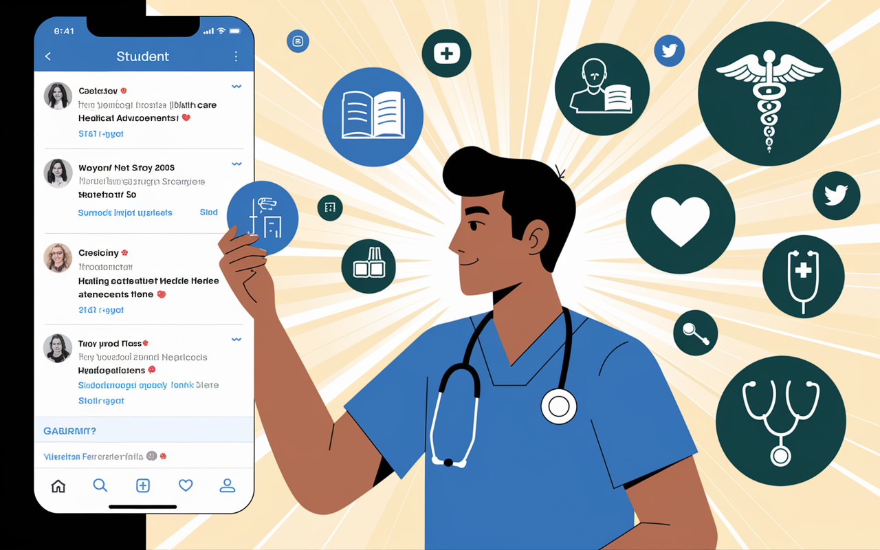 A visually striking representation of a medical student scrolling through a Twitter feed filled with real-time updates from medical journals and organizations. Icons of notable healthcare symbols, such as the caduceus and stethoscope, float around the student, depicting the flow of critical information. The background is bright, reflecting a sense of urgency and the fast pace of medical advancements.