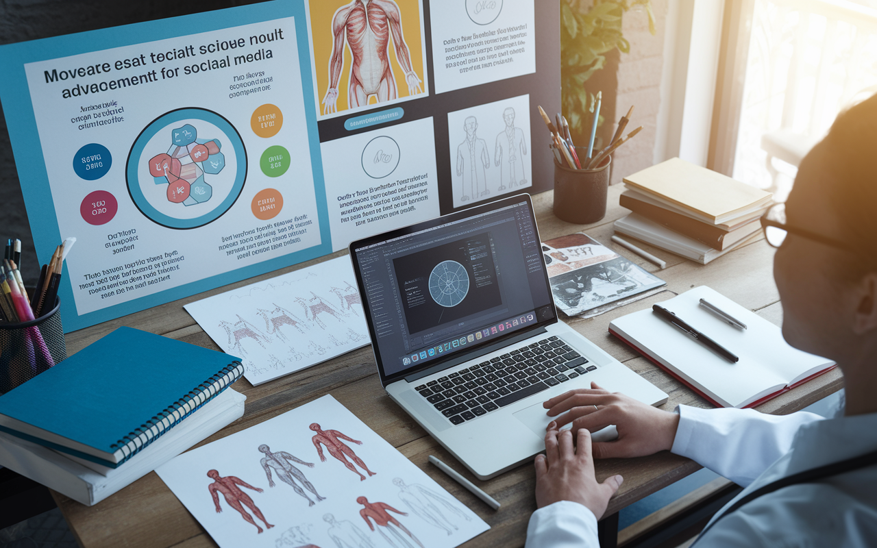 A creative workspace scene where a medical student is designing engaging visual content for social media. Elements include infographics about recent medical advancements, anatomical illustrations, and a laptop with open design software. The environment is bright and inspiring, with sketches and textbooks scattered around, showcasing the thoughtful process of content creation for medical education.