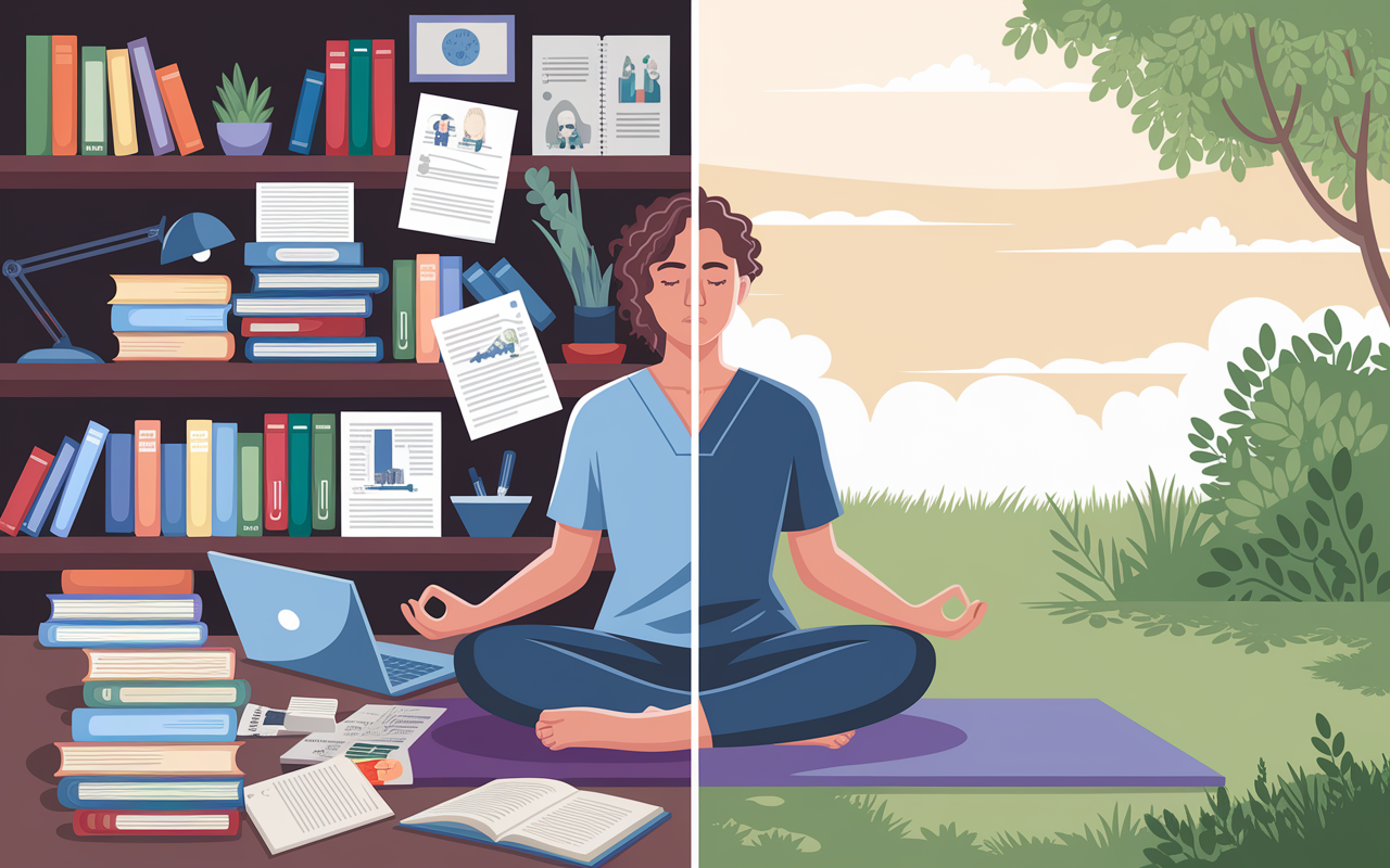 A thought-provoking illustration showing a split scene: on one side, a stressed medical student surrounded by textbooks, charts, and a laptop, looking overwhelmed; on the other side, the same student in a moment of tranquility, practicing yoga in a peaceful outdoor setting. The contrast highlights the dual aspects of study stress and self-care. The lighting shifts from harsh fluorescent in the study area to serene natural light in the outdoor space, symbolizing the emotional journey through medical education.