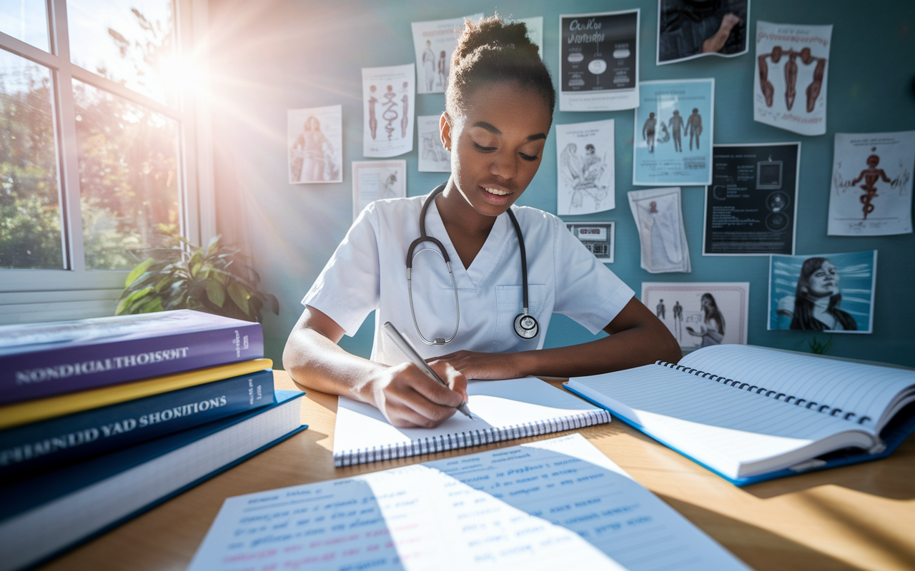 A determined medical student at a desk, writing down SMART goals in a planner, surrounded by medical textbooks and motivational posters. Sunlight filters through a window, illuminating the student's focused expression and showcasing an organized study environment filled with notes and resources. The scene conveys a sense of hope, clarity, and ambition.