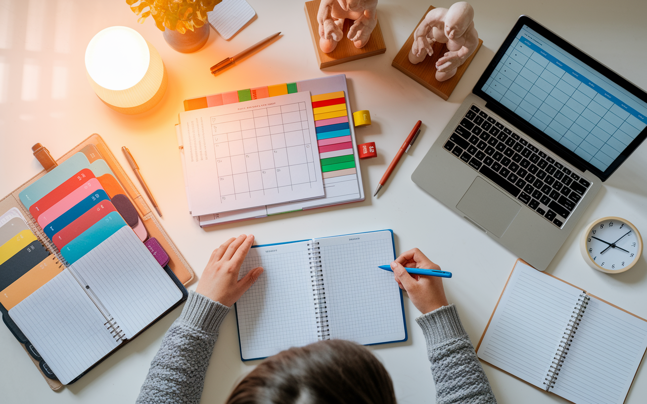 An overhead view of a student's workspace, displaying a neatly arranged planner, color-coded study notes, and a digital calendar on a laptop. Various study materials, including anatomy models and flashcards, surround the setup. Warm ambient lighting casts a productive glow, whilst a clock indicates the balance of time management in their study routine.