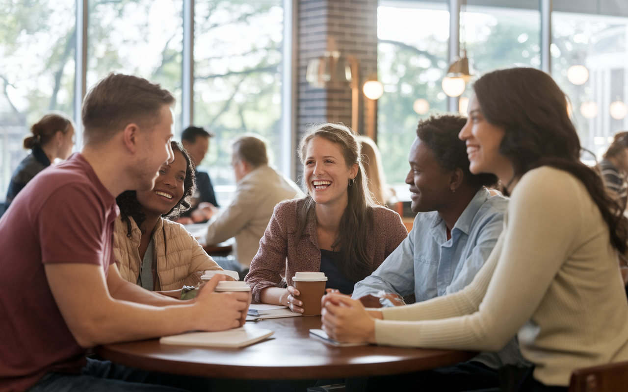 A lively study group in a campus coffee shop, filled with laughter and conversation as students quiz each other on medical concepts. The scene captures diverse individuals, engaged and supportive, fostering a sense of community. Soft, natural light from large windows creates an inviting atmosphere, illustrating the importance of collaboration.