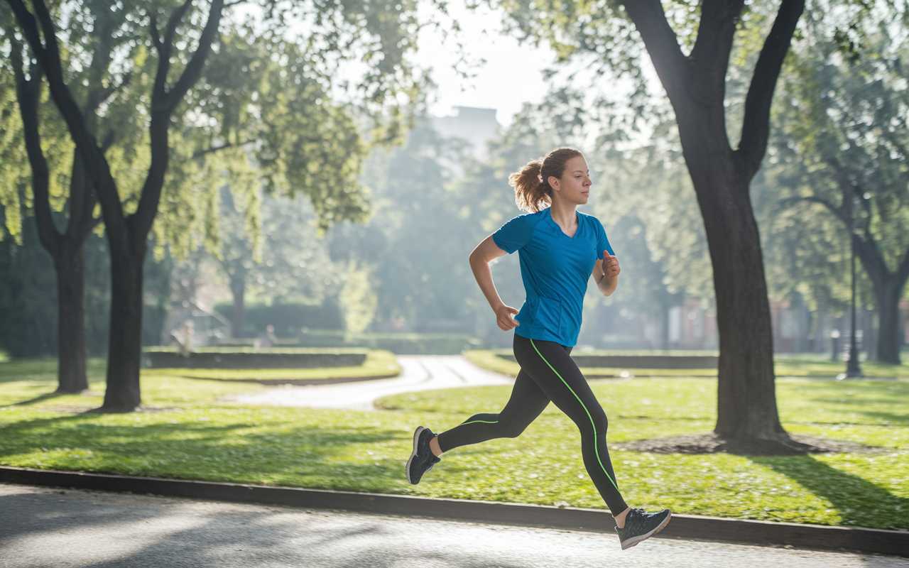 A medical student in athletic clothes, jogging in a sun-dappled park, symbolizing the importance of physical activity. In the background, trees rustle gently with the breeze, and a path winds through the greenery, representing a balanced approach to challenging academic life. The scene radiates energy and tranquility.